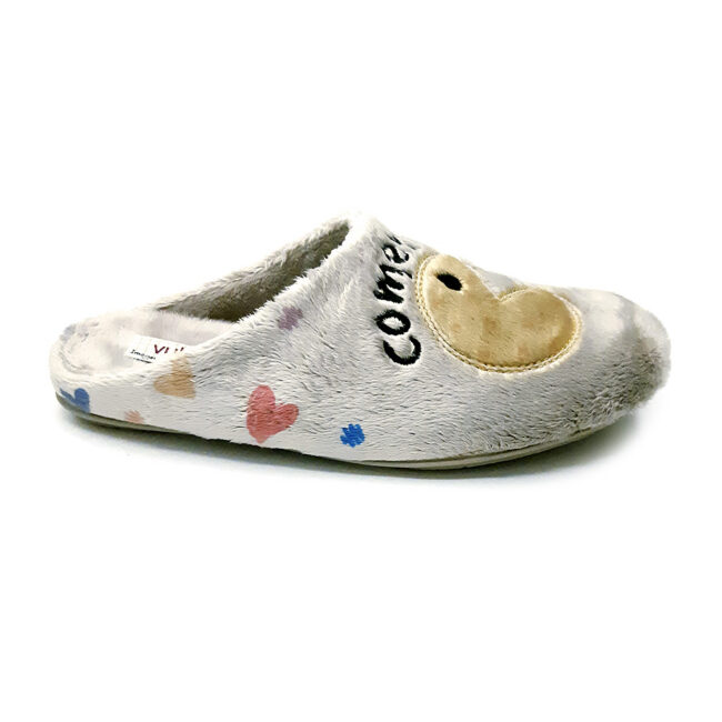 DIBUJOS VUL LADI - ZAPATILLA MUJER VUL LADI DE FELPA BEIGE CON DISEÑO DE CORAZONES | PANTUFLAS DIVERTIDAS Y CÓMODAS PARA CASA