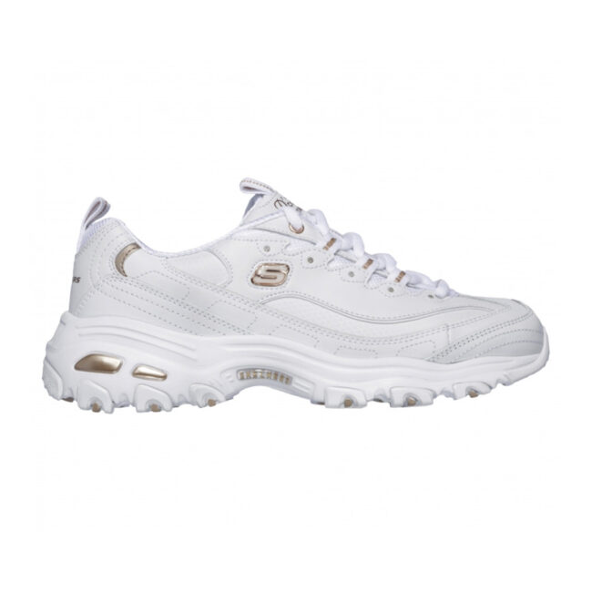 Zapatillas urbanas blancas para mujer Skechers D'Lites Fresh Start, con piel sintética de alta calidad y plantilla Skechers Air Cooled Memory Foam®. Suela voluminosa con tracción para un look fresco y moderno.