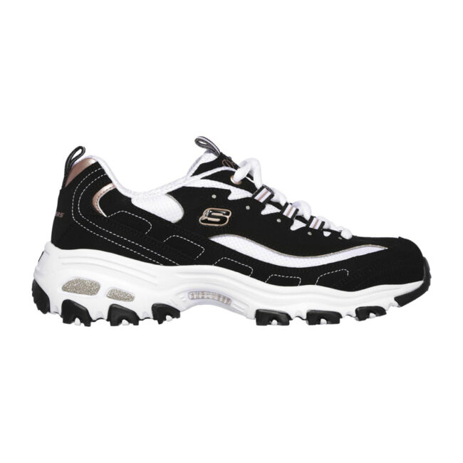 Zapatillas urbanas negras Skechers D'Lites Devoted Fan, con paneles de malla y plantilla Skechers Air Cooled Memory Foam®. Suela voluminosa de goma con tracción para un estilo y confort excepcionales.