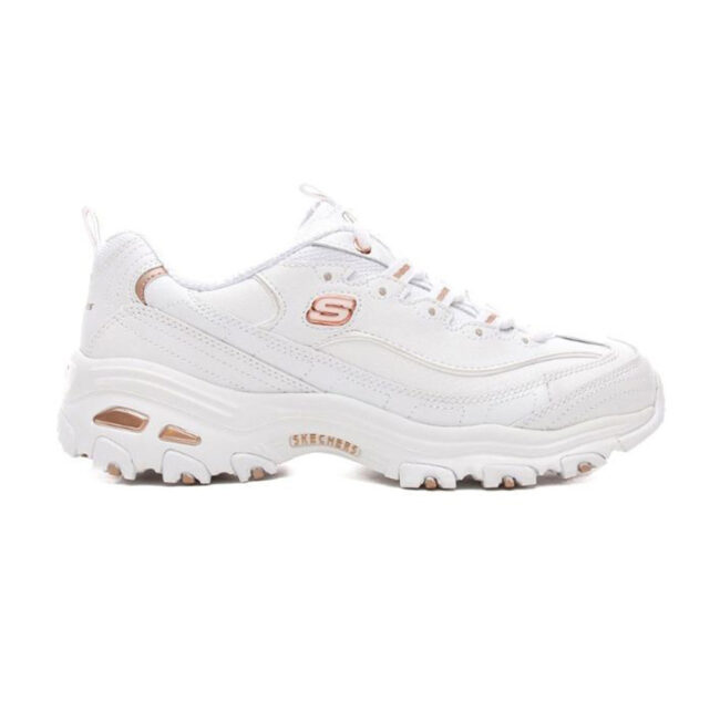 Zapatillas deportivas para mujer Skechers D'Lites Fresh Start en color blanco, con plantilla acolchada Air-Cooled Memory Foam® y entresuela ligera que absorbe impactos. Diseño deportivo clásico renovado para el día a día.