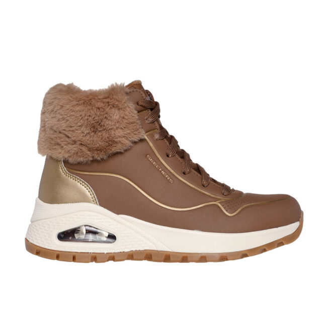 Botas Skechers Uno Rugged - Fall Shimmer para mujer, disponibles en blanco y cuero. Fabricadas en durabuck con ribete metálico, forro de pelo sintético, y plantilla Skechers Air-Cooled Memory Foam®. Media suela con cámara de aire visible Skech-Air®.