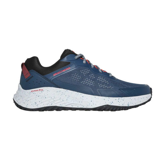 Zapatillas Skechers Bounder RSE para hombre, disponibles en azul marino y negro. Con parte superior de malla técnica y capas superpuestas moldeadas, media suela moteada y plantilla Skechers Air-Cooled Memory Foam® para máxima comodidad.