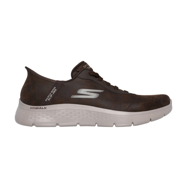 Zapatillas hombre Skechers Slip-ins: GO WALK Flex - Smooth Motion, disponibles en negro y marrón. Con ajuste manos libres Hands Free Slip-Ins®, plantilla Air-Cooled Memory Foam®, y amortiguación ULTRA GO® para máximo confort y flexibilidad.