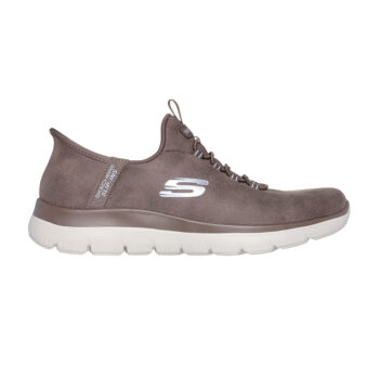 Zapatillas Skechers Slip-Ins: Summits - Unknown Trail para mujer, disponibles en colores hielo y negro. Con cordones elásticos, plantilla Skechers Air-Cooled Memory Foam® y diseño vegano en duraleather para una comodidad superior.