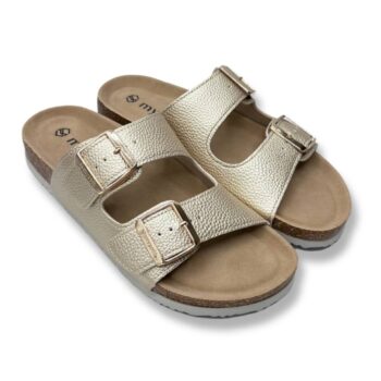 Sandalia mujer Mysoft 25M075 - sandalias bio con suela de corcho para mujer en color platino, diseño de doble hebilla ajustable y plantilla ergonómica.