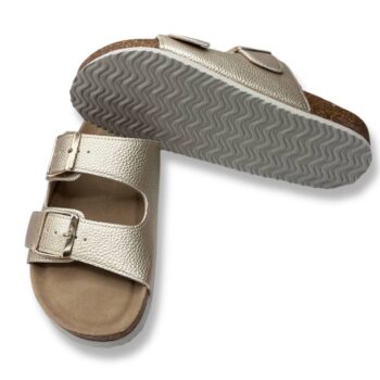 Sandalia mujer Mysoft 25M075 - sandalias bio con suela de corcho para mujer en color platino, diseño de doble hebilla ajustable y plantilla ergonómica.