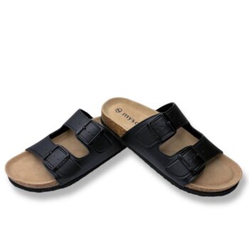 Sandalia mujer Mysoft 25M075 - sandalias bio con suela de corcho para mujer en color negro, diseño de doble hebilla ajustable y plantilla ergonómica.