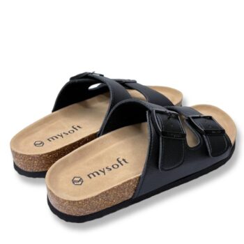 Sandalia mujer Mysoft 25M075 - sandalias bio con suela de corcho para mujer en color negro, diseño de doble hebilla ajustable y plantilla ergonómica.