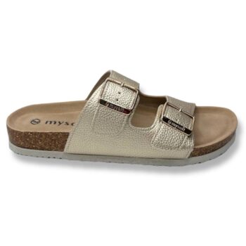Sandalia mujer Mysoft 25M075 - sandalias bio con suela de corcho para mujer en color platino, diseño de doble hebilla ajustable y plantilla ergonómica.