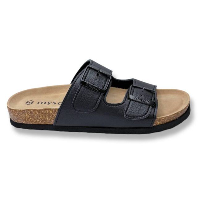 Sandalia mujer Mysoft 25M075 - sandalias bio con suela de corcho para mujer en color negro, diseño de doble hebilla ajustable y plantilla ergonómica.